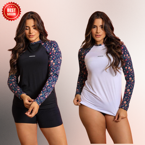 Camiseta Feminina Manga Longa Flores Coloridas Compressão Proteção Uv 50+