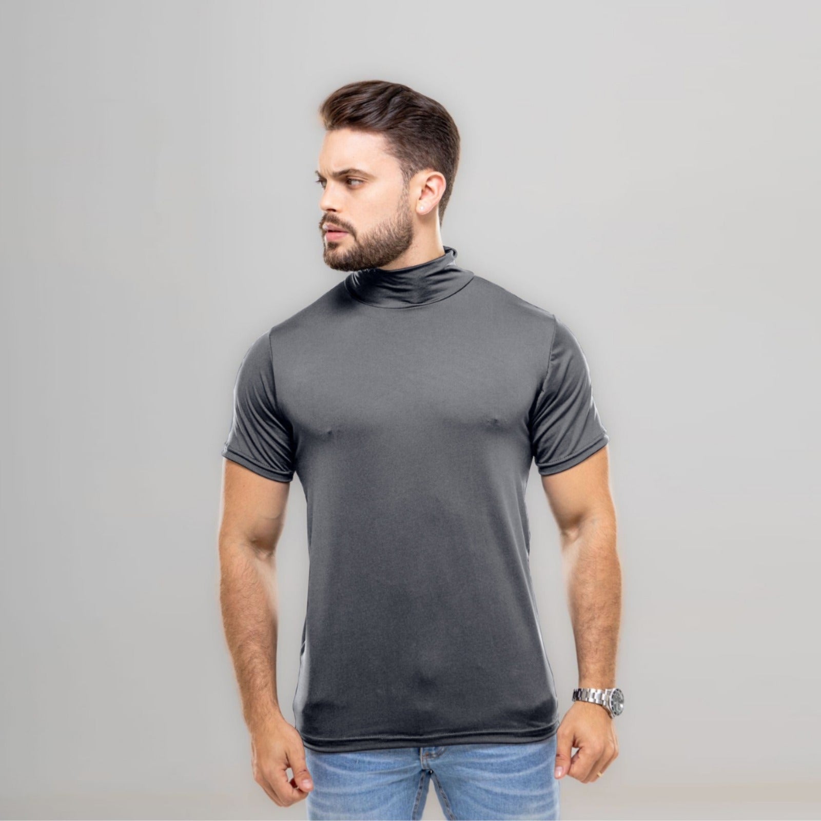 Camiseta Curta Gola Alta Proteção Solar 50+ cinza