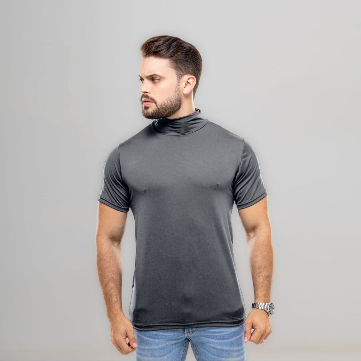 Camiseta Curta Gola Alta Cinza Proteção Solar 50+