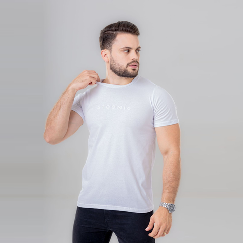 Camiseta Básica de algodão Branco Estampa Atoomic