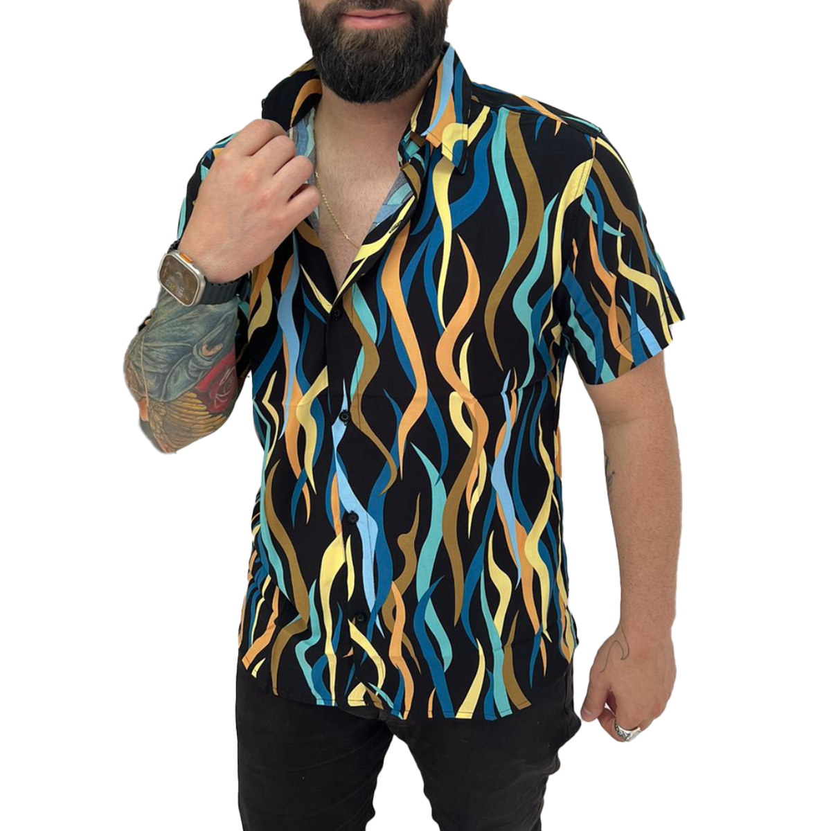 Camisa Viscose Preto com Linhas Coloridas