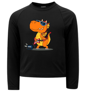 Camiseta Dinossauro Tocando Guitarra Térmica Preto Juvenil Infantil Proteção Solar Uv 50+ Estampada - 05