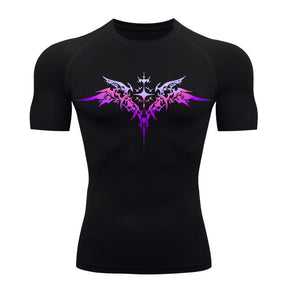 Camiseta Compressão Manga Curta Cyber Tribal Degradê Estilo Futurista Moda Alternativa Rash Guard