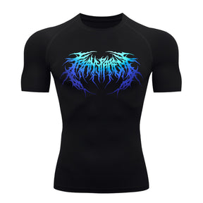 Camiseta Compressão Manga Curta Cyber Tribal Degradê Estilo Futurista Moda Alternativa Rash Guard