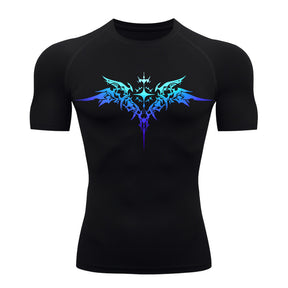 Camiseta Compressão Manga Curta Cyber Tribal Degradê Estilo Futurista Moda Alternativa Rash Guard