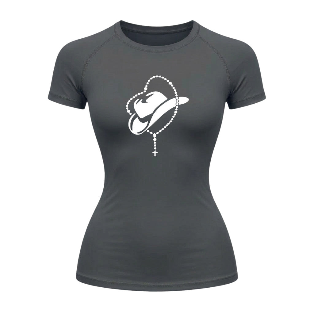 Camiseta Compressão Uv Manga Curta Estampa Da Roça Cowboy Terço Sagrado