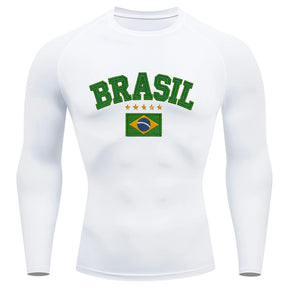 Camiseta Compressão Manga Longa UV Brasil Bandeira Estilo Bordado Colorido Varias Cores Rash Guard