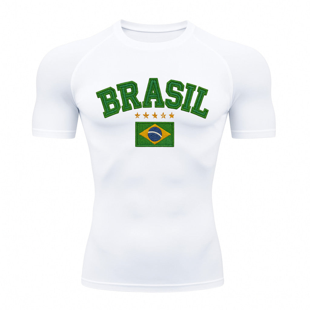 Camiseta Compressão Manga Curta UV Brasil Bandeira Estilo Bordado Colorido Varias Cores Rash Guard