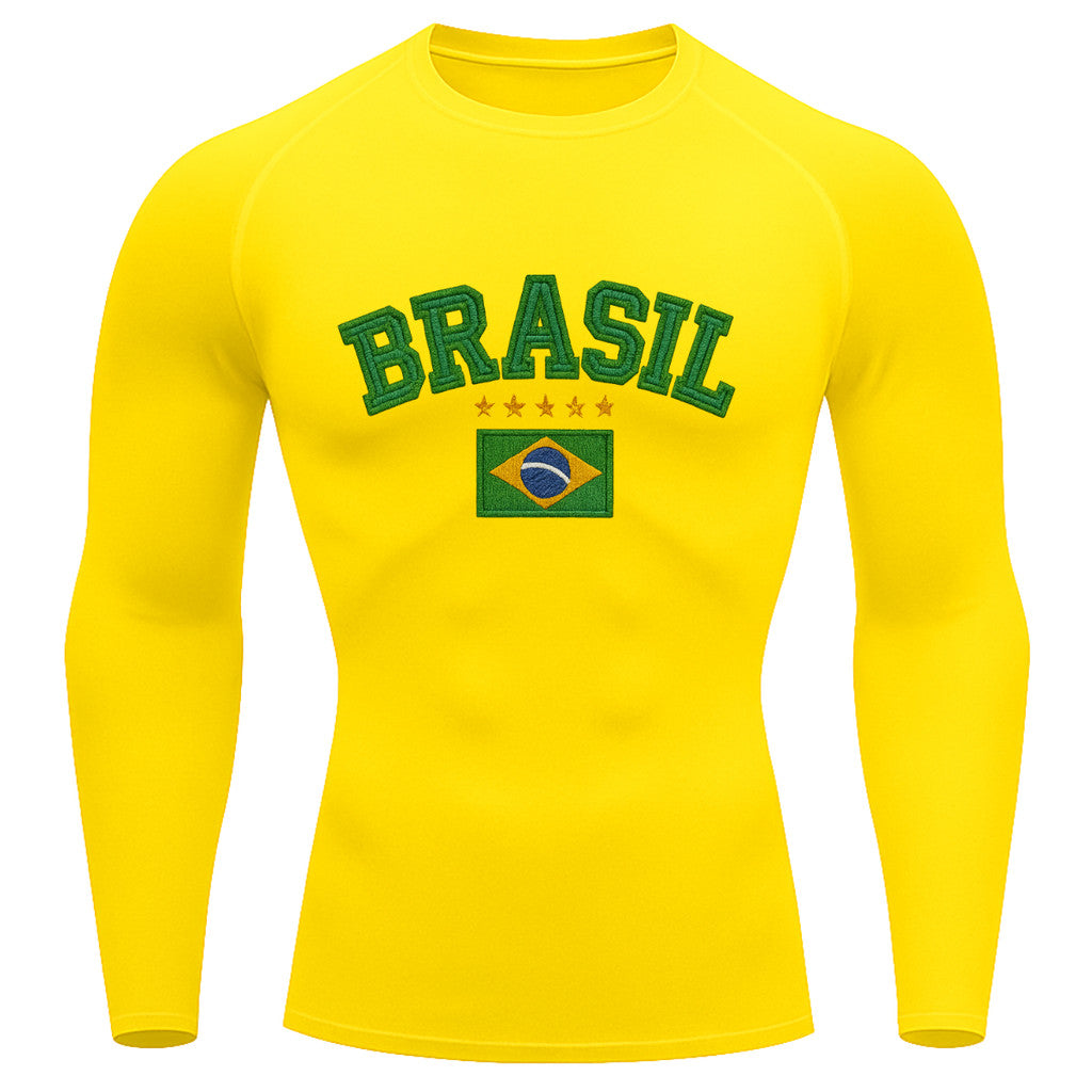 Camiseta Compressão Manga Longa UV Brasil Bandeira Estilo Bordado Colorido Varias Cores Rash Guard