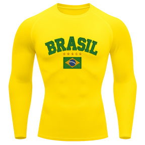 Camiseta Compressão Manga Longa UV Brasil Bandeira Estilo Bordado Colorido Varias Cores Rash Guard