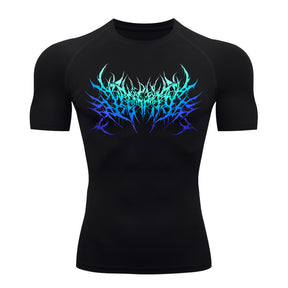 Camiseta Compressão Proteção Uv Segunda Pele Manga Curta Cyber Tribal Metal Dark Darknes Rash Guard