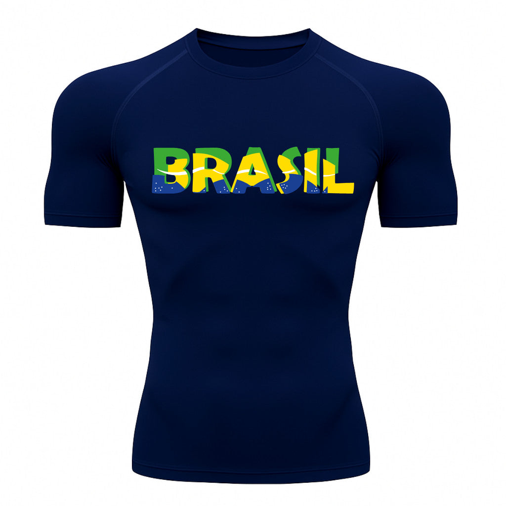 Camiseta Compressão Manga Curta Proteção UV 50+ Brasil Colorido Camiseta Varias Cores Rash Guard