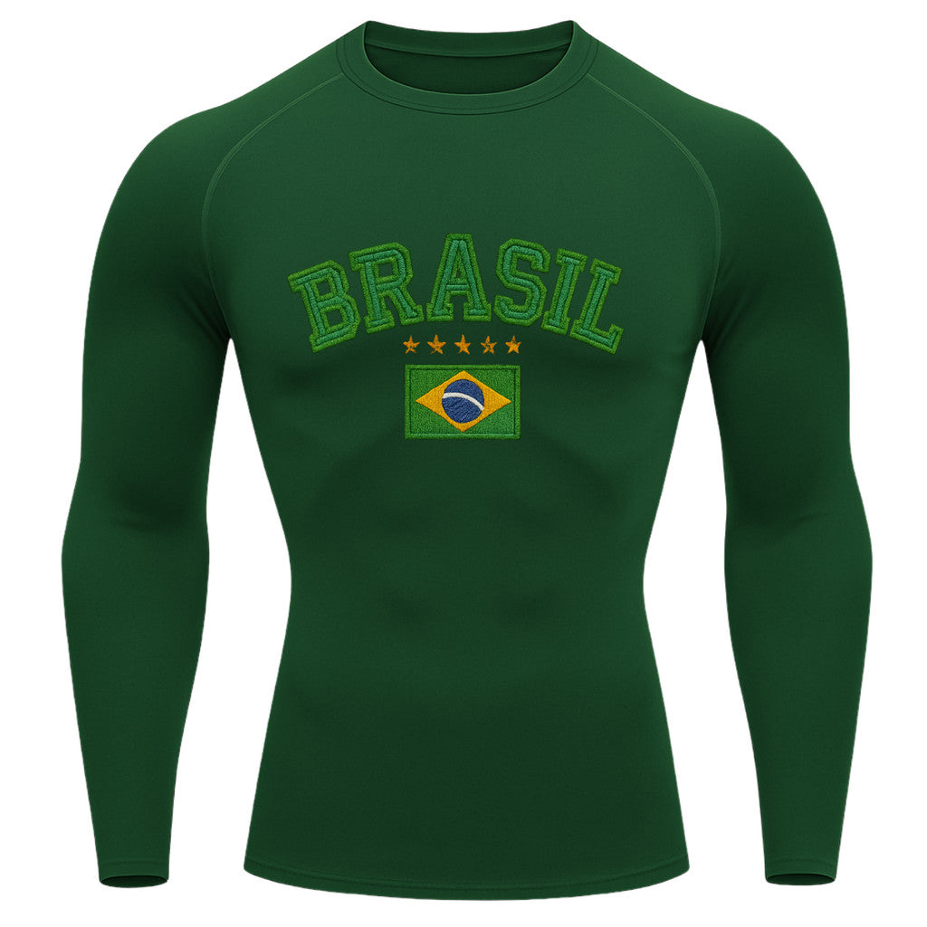 Camiseta Compressão Manga Longa UV Brasil Bandeira Estilo Bordado Colorido Varias Cores Rash Guard