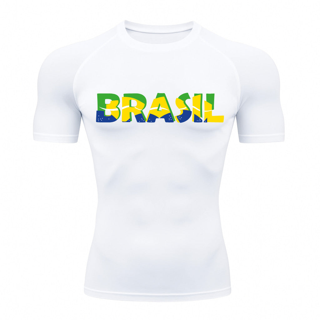 Camiseta Compressão Manga Curta Proteção UV 50+ Brasil Colorido Camiseta Varias Cores Rash Guard