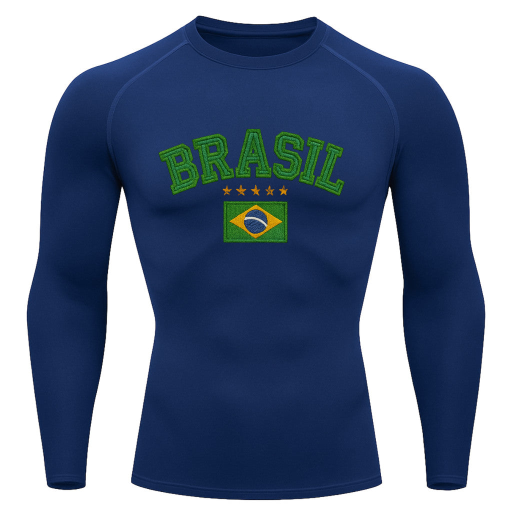 Camiseta Compressão Manga Longa UV Brasil Bandeira Estilo Bordado Colorido Varias Cores Rash Guard