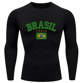 Camiseta Compressão Manga Longa UV Brasil Bandeira Estilo Bordado Colorido Varias Cores Rash Guard