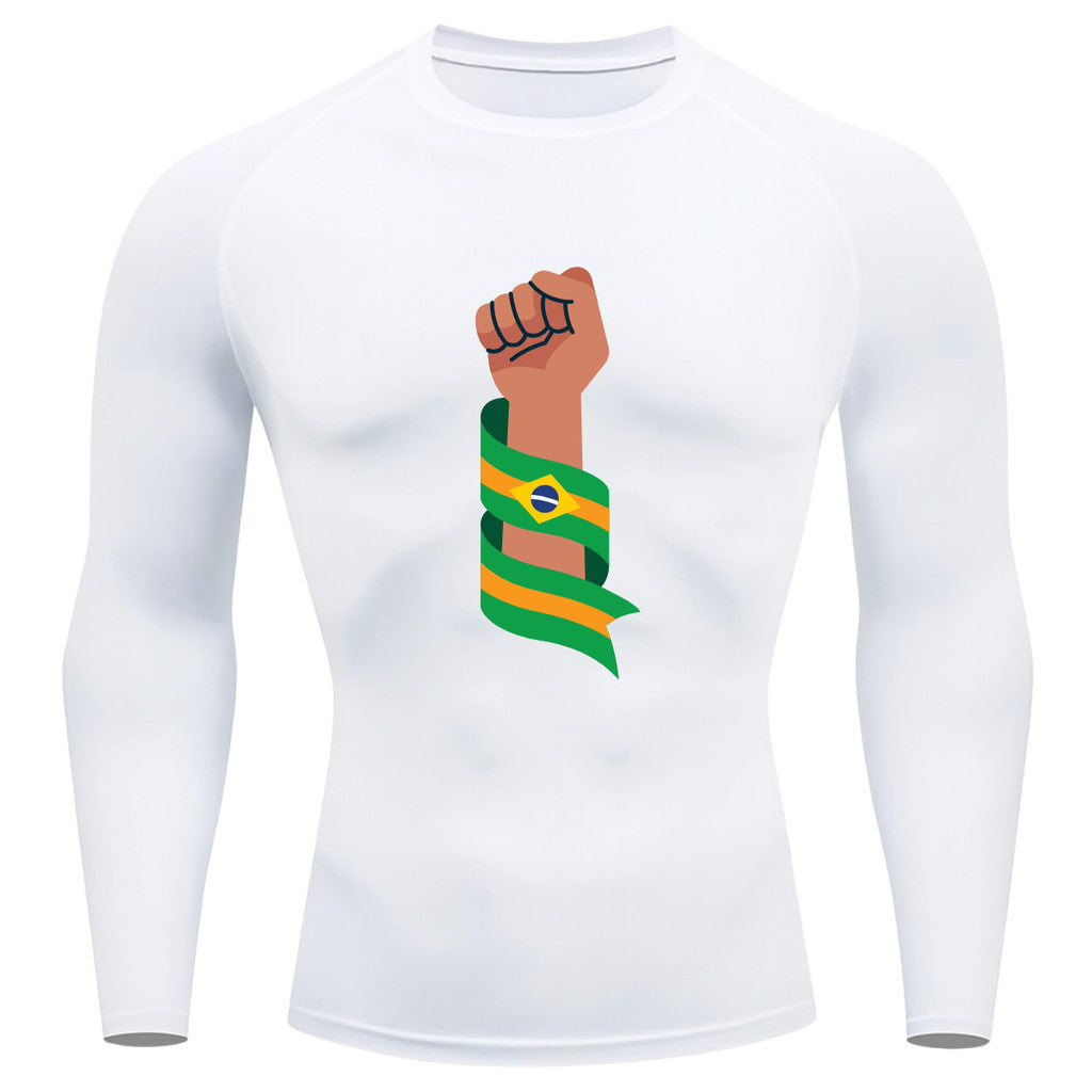 Camiseta Compressão Manga Longa Proteção UV Resistência Força Brasil Colorido Varias Cores