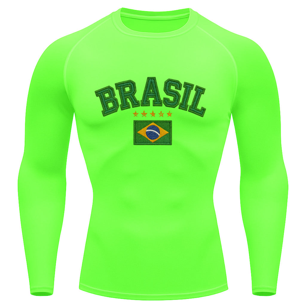 Camiseta Compressão Manga Longa UV Brasil Bandeira Estilo Bordado Colorido Varias Cores Rash Guard