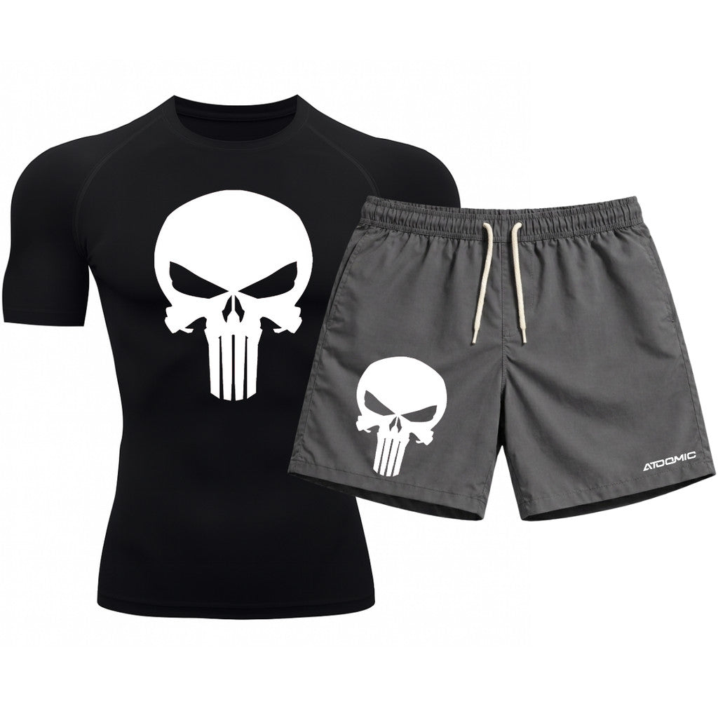 Kit Camiseta Térmica Manga Curta Uv E Bermuda Elastano Estampa Justiceiro Rash Guard