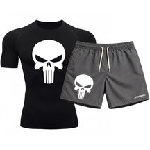 Kit Camiseta Térmica Manga Curta Uv E Bermuda Elastano Estampa Justiceiro Rash Guard