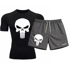 Kit Camiseta Térmica Manga Curta Uv E Bermuda Elastano Estampa Justiceiro Rash Guard
