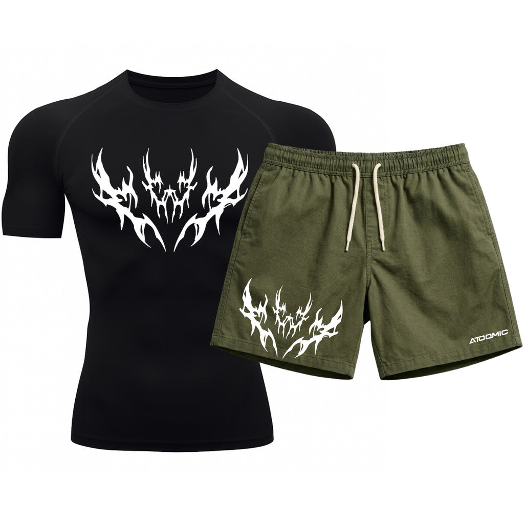 Kit Camiseta Térmica Manga Curta Uv E Bermuda Elastano Estampa Cyber Tribal Apex Shadow Rash Guard