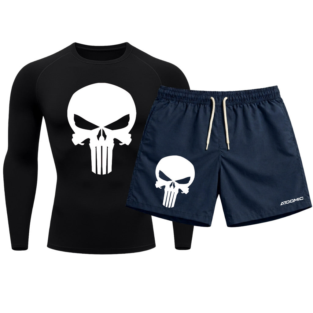 Kit Camiseta Térmica Manga Longa Uv E Bermuda Elastano Estampa Justiceiro Rash Guard
