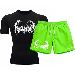 Kit Camiseta Térmica Manga Curta Uv E Bermuda Elastano Estampa Cyber Tribal Dark Metal Rash Guard