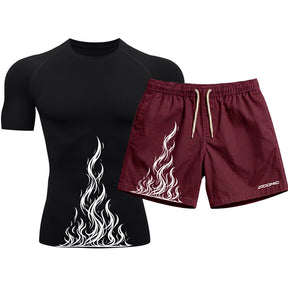 Kit Camiseta Térmica Manga Curta Uv E Bermuda Elastano Estampa Fire Ascension Rash Guard