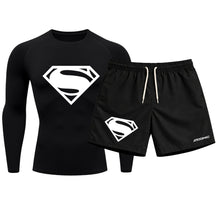 Kit Camiseta Térmica Manga Longa Uv E Bermuda Elastano Estampa Super Man Rash Guard