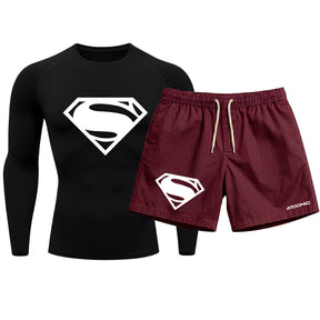 Kit Camiseta Térmica Manga Longa Uv E Bermuda Elastano Estampa Super Man Rash Guard