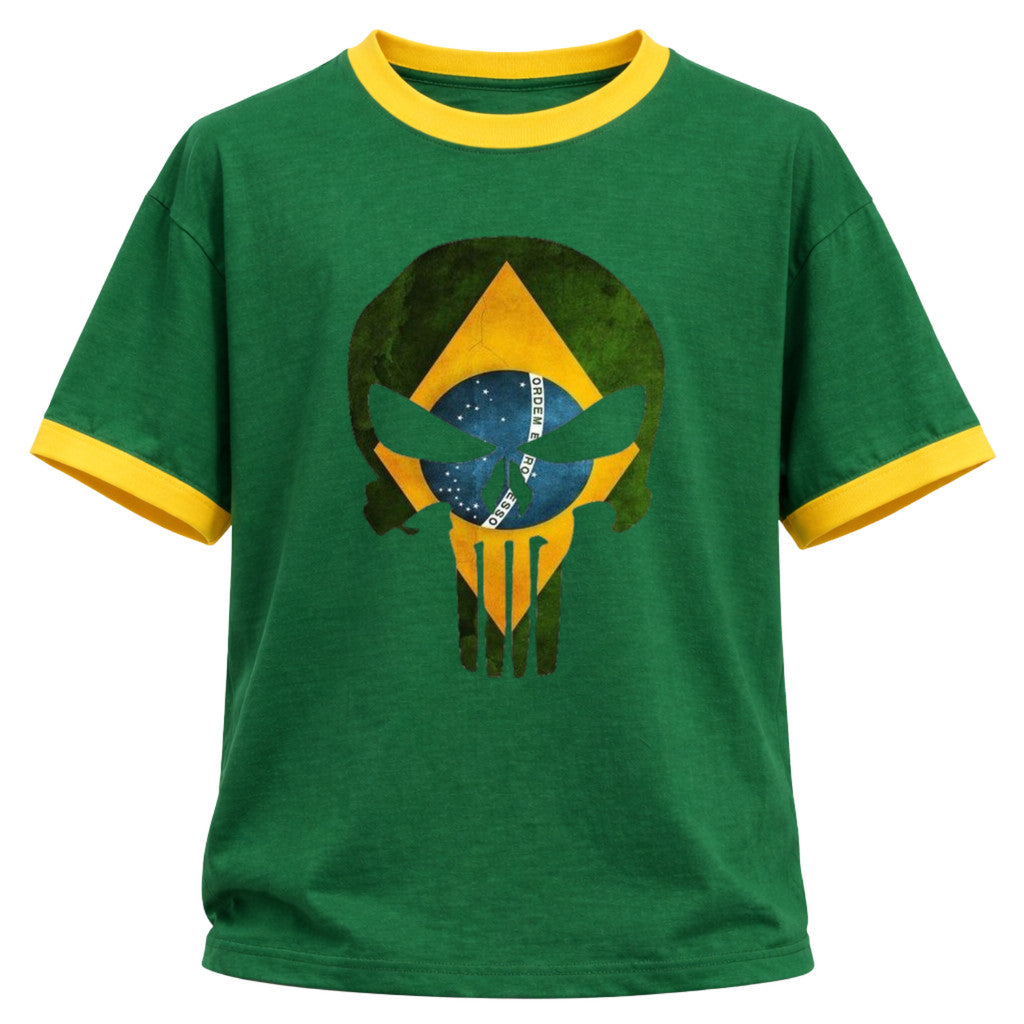 Camiseta Algodão Manga Curta Gola E Manga Colorida UV Justiceiro Brasil Rash Guard