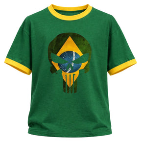 Camiseta Algodão Manga Curta Gola E Manga Colorida UV Justiceiro Brasil Rash Guard