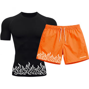 Kit Camiseta Térmica Manga Curta Uv E Bermuda Elastano Estampa Fire Line Blaze Rash Guard
