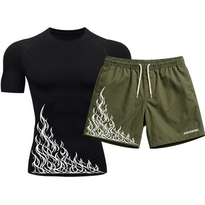 Kit Camiseta Térmica Manga Curta Uv E Bermuda Elastano Estampa Flame Velocity Rash Guard
