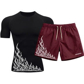 Kit Camiseta Térmica Manga Curta Uv E Bermuda Elastano Estampa Flame Velocity Rash Guard