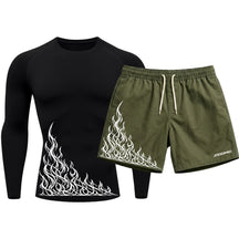 Kit Camiseta Térmica Manga Longa Uv E Bermuda Elastano Estampa Flame Velocity Rash Guard