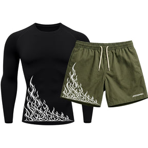 Kit Camiseta Térmica Manga Longa Uv E Bermuda Elastano Estampa Flame Velocity Rash Guard