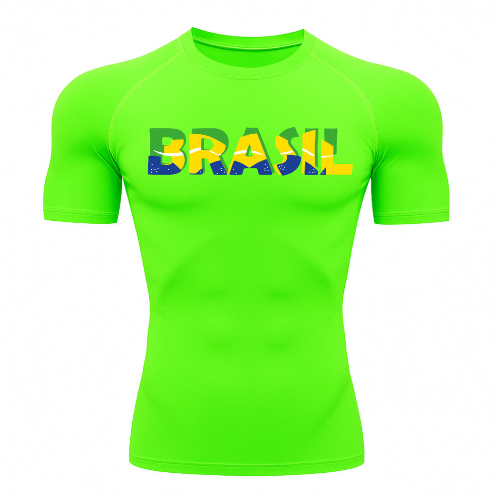 Camiseta Compressão Manga Curta Proteção UV 50+ Brasil Colorido Camiseta Varias Cores Rash Guard