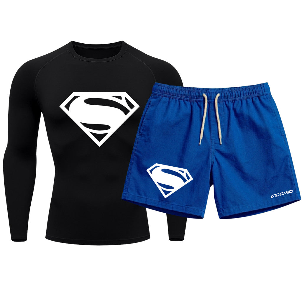 Kit Camiseta Térmica Manga Longa Uv E Bermuda Elastano Estampa Super Man Rash Guard