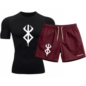 Kit Camiseta Térmica Manga Curta Uv E Bermuda Elastano Estampa Berderk Rash Guard