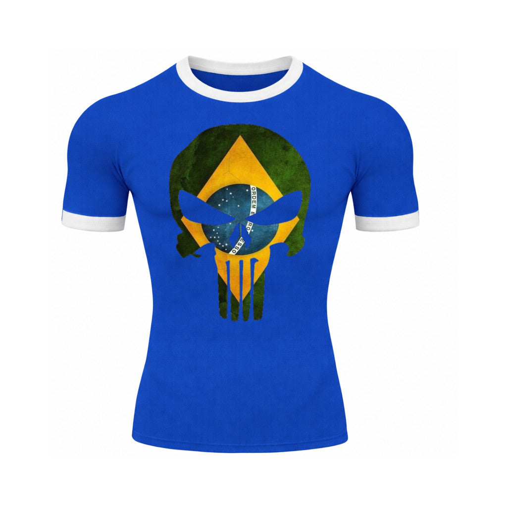 Camiseta Manga Curta Gola E Manga Colorida UV Justiceiro Brasil Rash Guard