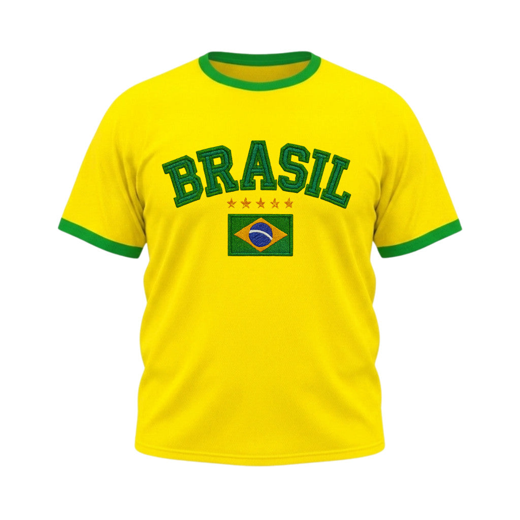 Camiseta Plus Size Manga Curta Brasil Estilo Bordado Colorida