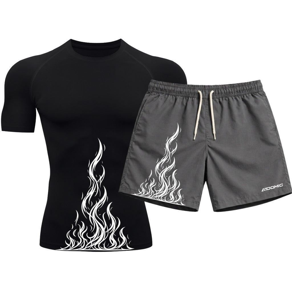 Kit Camiseta Térmica Manga Curta Uv E Bermuda Elastano Estampa Fire Ascension Rash Guard
