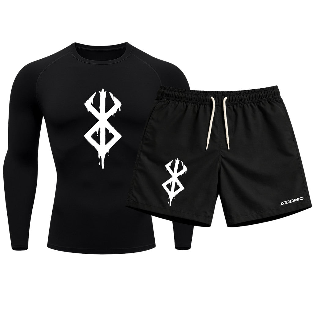 Kit Camiseta Térmica Manga Longa Uv E Bermuda Elastano Estampa Berderk Rash Guard