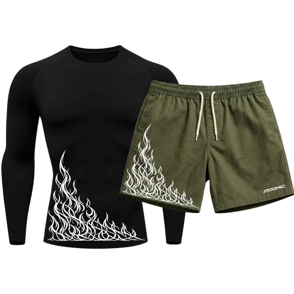 Kit Camiseta Térmica Manga Longa Uv E Bermuda Elastano Estampa Flame Velocity Rash Guard