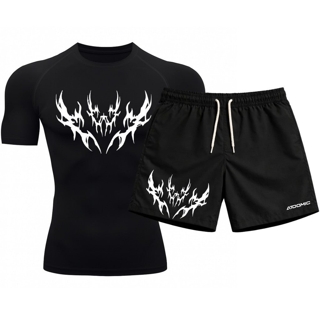 Kit Camiseta Térmica Manga Curta Uv E Bermuda Elastano Estampa Cyber Tribal Apex Shadow Rash Guard