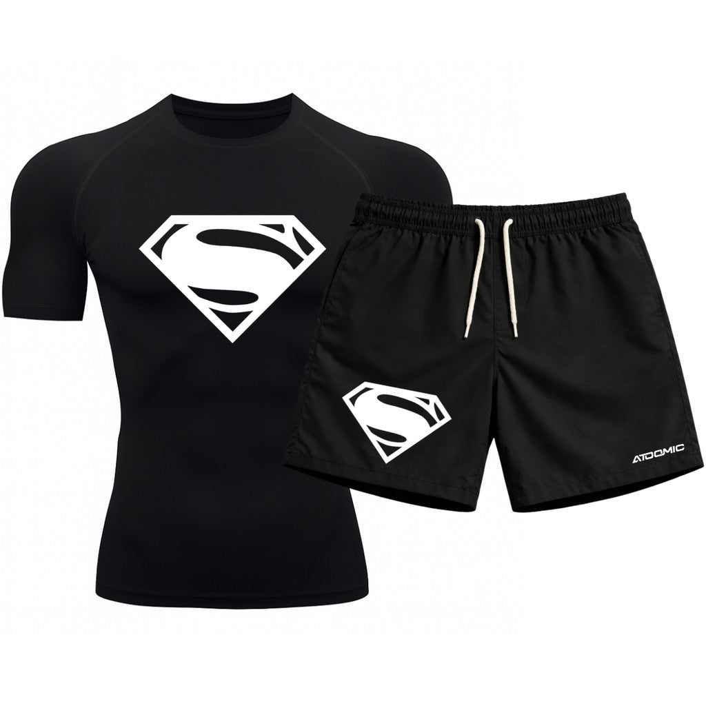 Kit Camiseta Térmica Manga Curta Uv E Bermuda Elastano Estampa Super Man Rash Guard