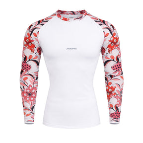Camiseta Feminina Manga Branca Com Flores Vermelhas Compressão Proteção Uv 50+
