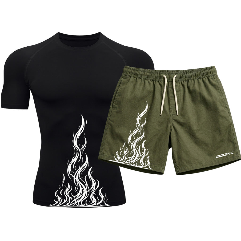 Kit Camiseta Térmica Manga Curta Uv E Bermuda Elastano Estampa Fire Ascension Rash Guard